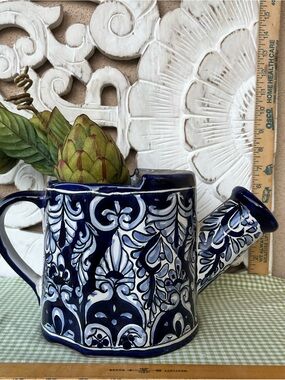Blue and White Hand-Painted Ceramic Watering Can Vase